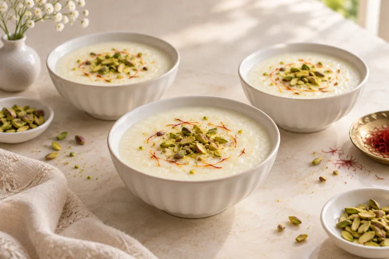 Rose Water Ferni with Saffron and Pistachios